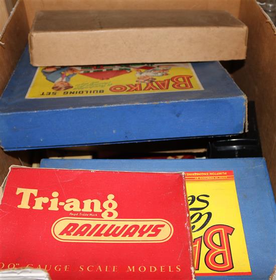 A box of toys including Meccano Triang train set and Bako building sets